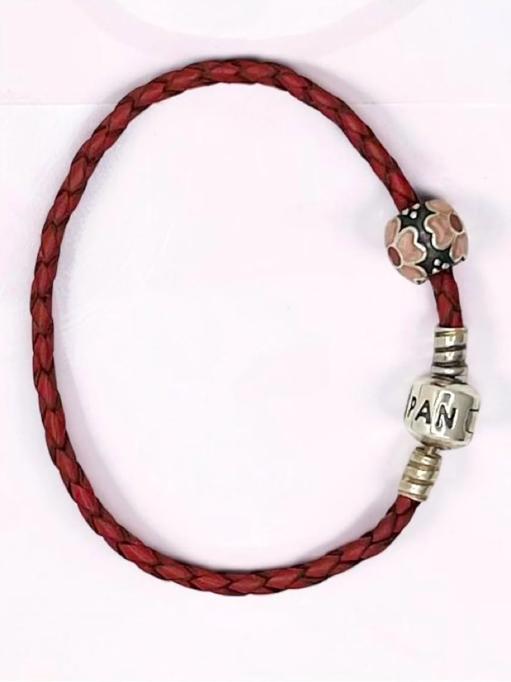Pandora Moments Dark Pink Burgundy Braided Leather Bracelet w/Flower Bead